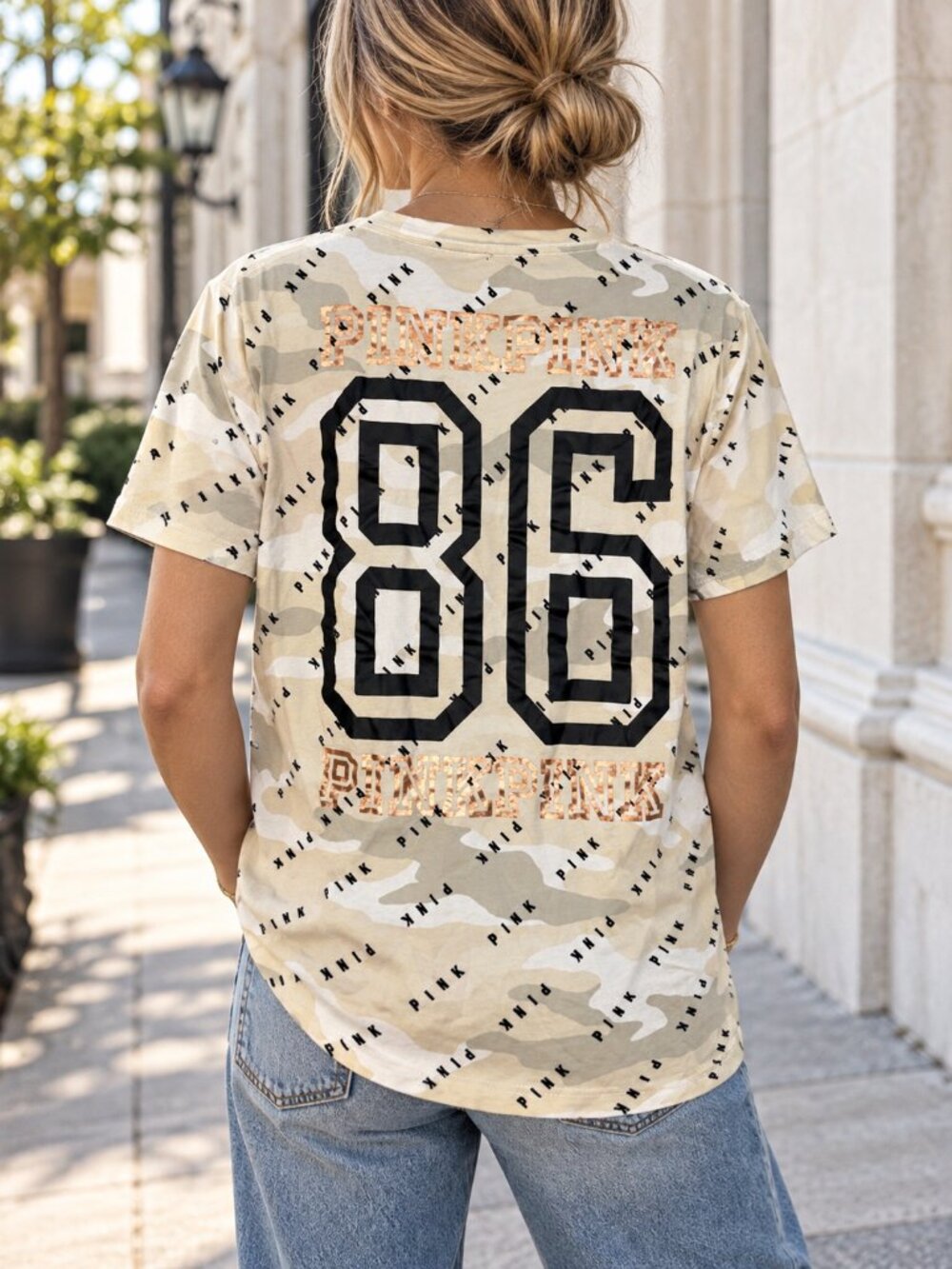Victoria’s Secret PINK Camo 86 Varsity Rose Gold Campus Graphic Pocket Tee